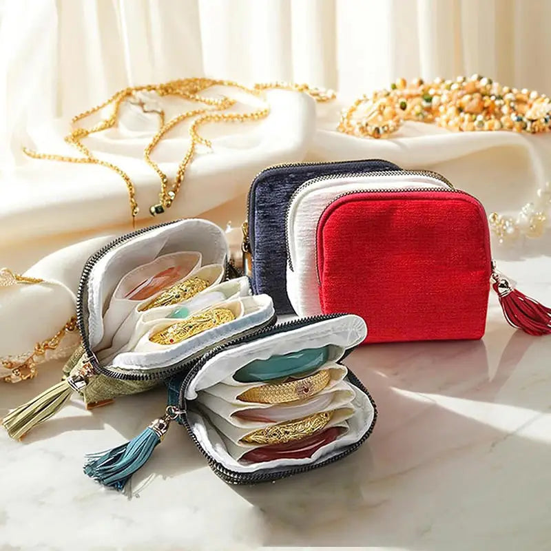 Multi-layer Tassel Jewelry Pouch Bag Organizer - Grey